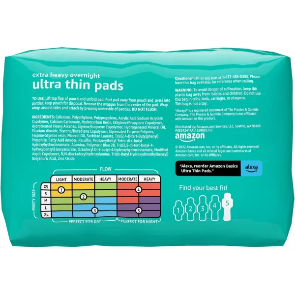 Amazon Basics Ultra Thin Pads with FlexiWings for Periods Extra Heavy Overnight Absorbency Unscented Size 5 24 Count 1 Pack Previously Solimo24 Count Pack of 1