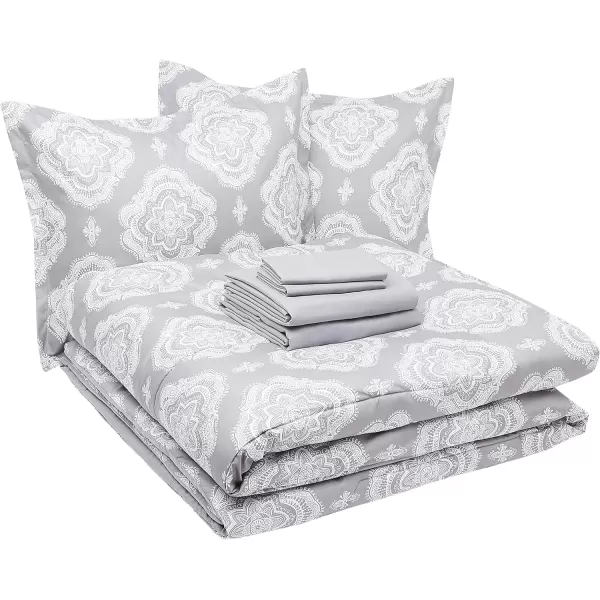 Amazon Basics UltraSoft Microfiber BedInABag 8 Piece Comforter Bedding Set Queen Blue Watercolor StripedGrey Medallion FullQueen