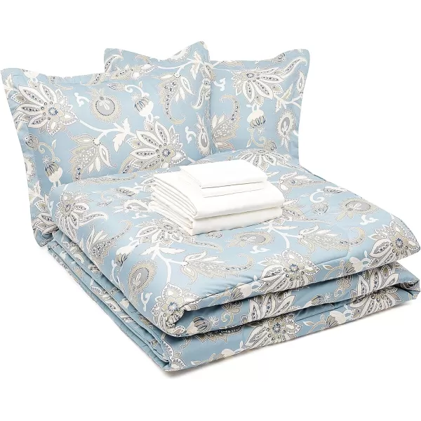 Amazon Basics UltraSoft Microfiber BedInABag 8 Piece Comforter Bedding Set Queen Blue Watercolor StripedSea Foam Jacobean King