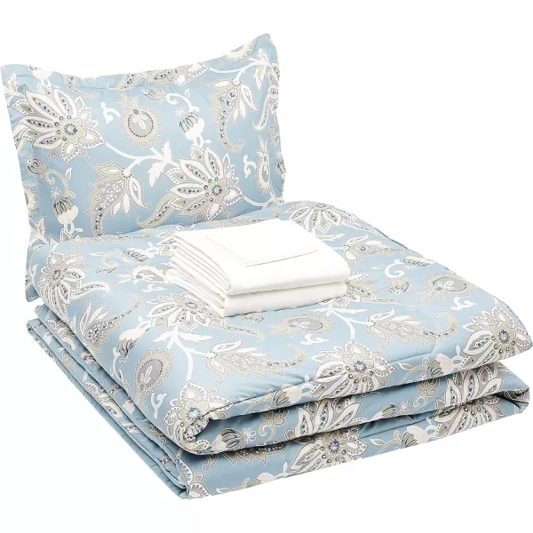 Amazon Basics UltraSoft Microfiber BedInABag 8 Piece Comforter Bedding Set Queen Blue Watercolor StripedSea Foam Jacobean TwinTwin XL