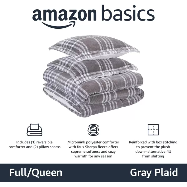 Amazon Basics UltraSoft Micromink Sherpa 3Piece Comforter Bed Set Twin Gray PlaidGray Plaid FullQueen