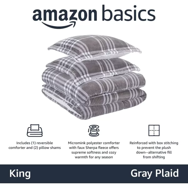 Amazon Basics UltraSoft Micromink Sherpa 3Piece Comforter Bed Set Twin Gray PlaidGray Plaid King