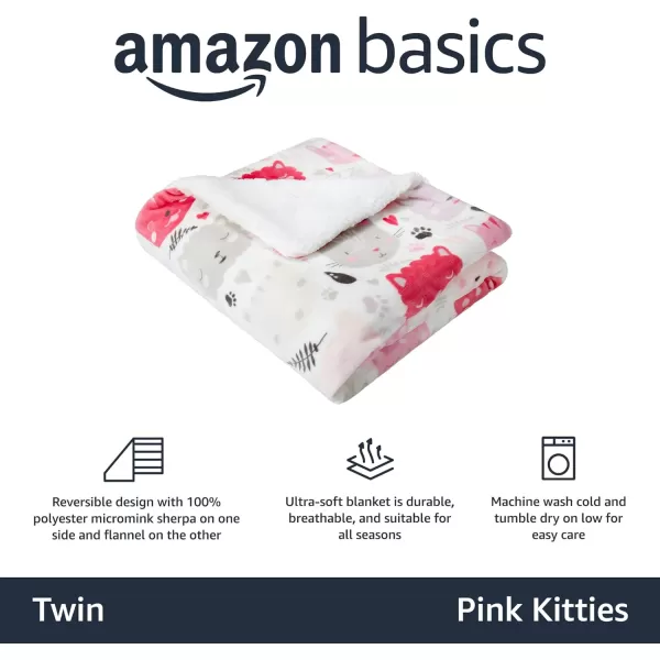 Amazon Basics UltraSoft Micromink Sherpa Blanket Throw CharcoalTwin Pink Kitties