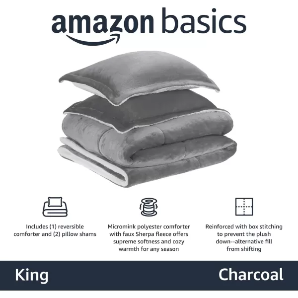 Amazon Basics UltraSoft Micromink Sherpa Comforter 3Piece Bedding Set FullQueen CharcoalCharcoal King