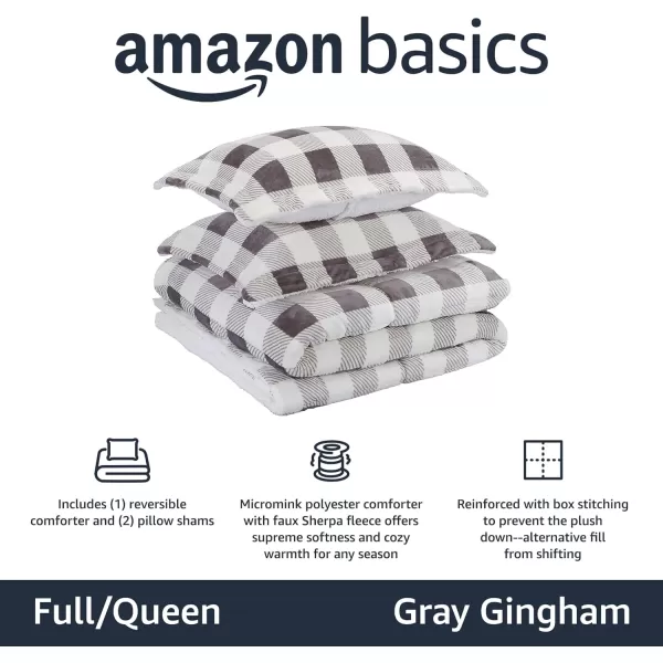 Amazon Basics UltraSoft Micromink Sherpa Comforter 3Piece Bedding Set FullQueen CharcoalGray Gingham FullQueen