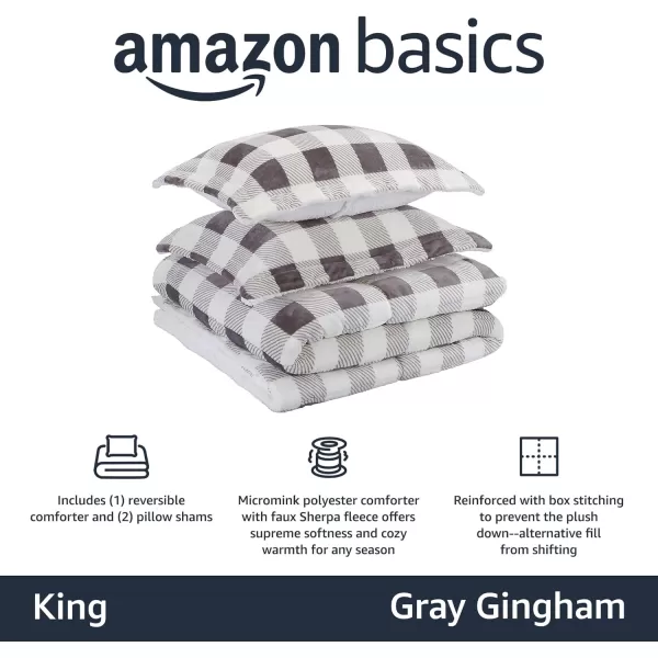 Amazon Basics UltraSoft Micromink Sherpa Comforter 3Piece Bedding Set FullQueen CharcoalGray Gingham King