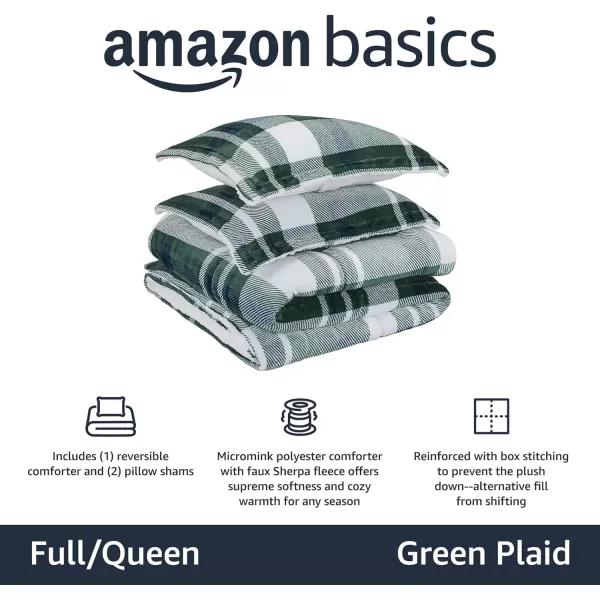 Amazon Basics UltraSoft Micromink Sherpa Comforter 3Piece Bedding Set FullQueen CharcoalGreen Plaid FullQueen