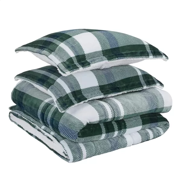 Amazon Basics UltraSoft Micromink Sherpa Comforter 3Piece Bedding Set FullQueen CharcoalGreen Plaid King