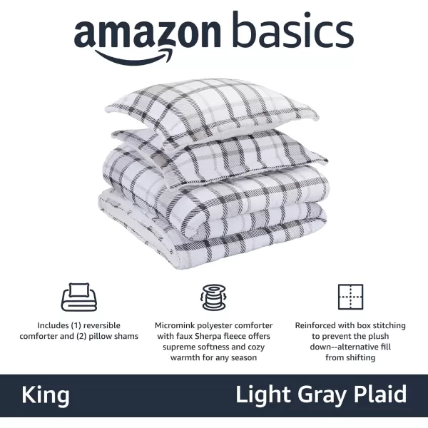 Amazon Basics UltraSoft Micromink Sherpa Comforter 3Piece Bedding Set FullQueen CharcoalLight Gray Plaid King