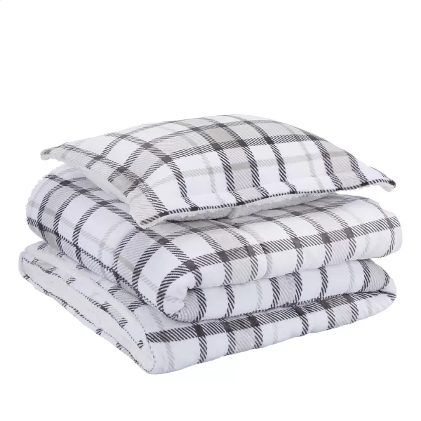 Amazon Basics UltraSoft Micromink Sherpa Comforter 3Piece Bedding Set FullQueen CharcoalLight Gray Plaid Twin