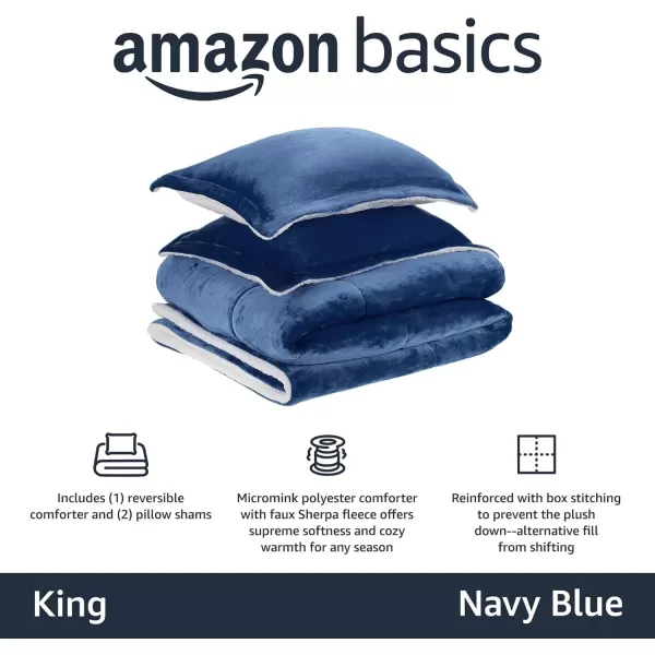 Amazon Basics UltraSoft Micromink Sherpa Comforter 3Piece Bedding Set FullQueen CharcoalNavy Blue King