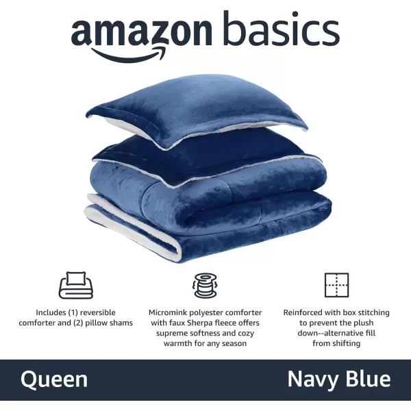 Amazon Basics UltraSoft Micromink Sherpa Comforter 3Piece Bedding Set FullQueen CharcoalNavy Blue Queen