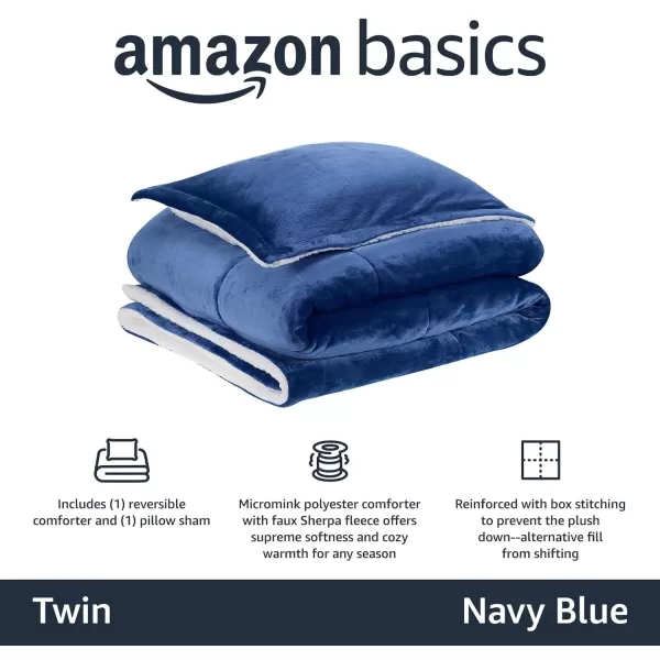 Amazon Basics UltraSoft Micromink Sherpa Comforter 3Piece Bedding Set FullQueen CharcoalNavy Blue Twin