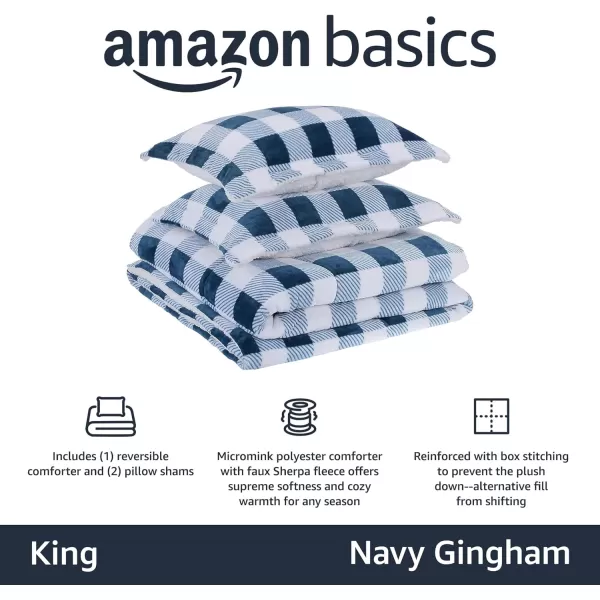 Amazon Basics UltraSoft Micromink Sherpa Comforter 3Piece Bedding Set FullQueen CharcoalNavy Gingham King