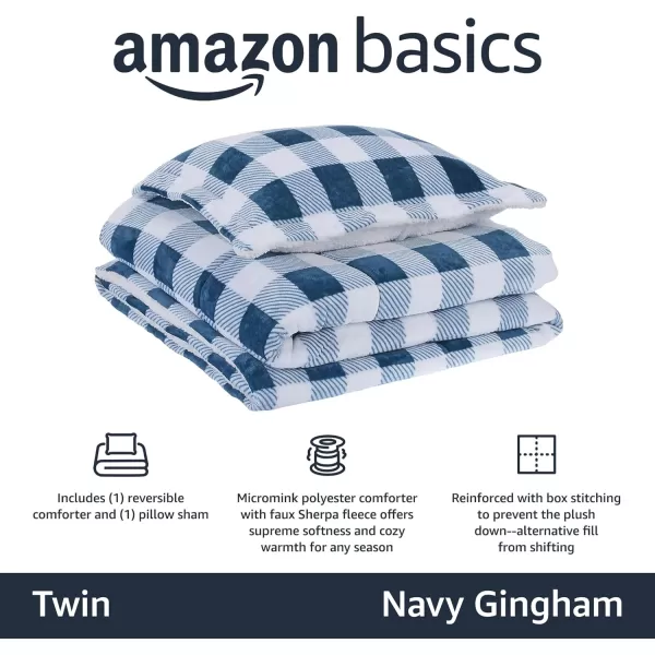 Amazon Basics UltraSoft Micromink Sherpa Comforter 3Piece Bedding Set FullQueen CharcoalNavy Gingham Twin