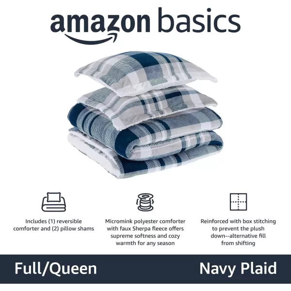 Amazon Basics UltraSoft Micromink Sherpa Comforter 3Piece Bedding Set FullQueen CharcoalNavy Plaid FullQueen