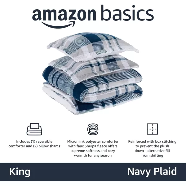 Amazon Basics UltraSoft Micromink Sherpa Comforter 3Piece Bedding Set FullQueen CharcoalNavy Plaid King