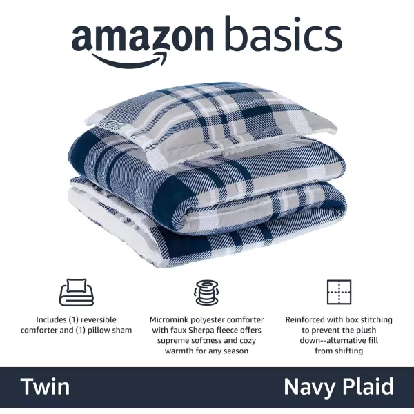 Amazon Basics UltraSoft Micromink Sherpa Comforter 3Piece Bedding Set FullQueen CharcoalNavy Plaid Twin