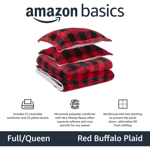 Amazon Basics UltraSoft Micromink Sherpa Comforter 3Piece Bedding Set FullQueen CharcoalRed Buffalo Plaid FullQueen