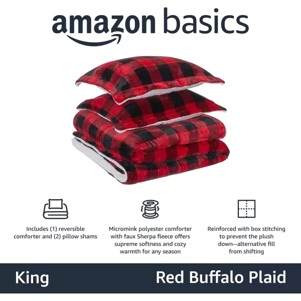 Amazon Basics UltraSoft Micromink Sherpa Comforter 3Piece Bedding Set FullQueen CharcoalRed Buffalo Plaid King