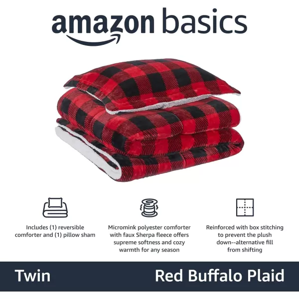 Amazon Basics UltraSoft Micromink Sherpa Comforter 3Piece Bedding Set FullQueen CharcoalRed Buffalo Plaid Twin