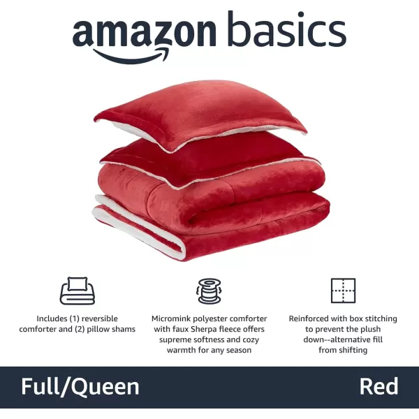 Amazon Basics UltraSoft Micromink Sherpa Comforter 3Piece Bedding Set FullQueen CharcoalRed FullQueen