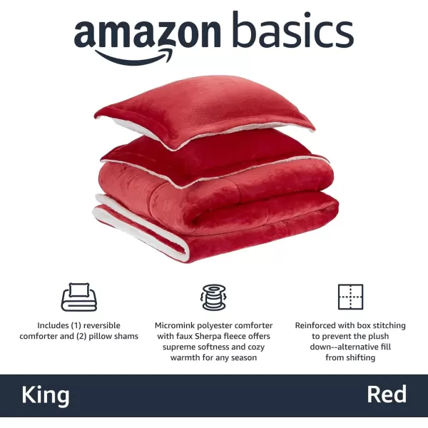 Amazon Basics UltraSoft Micromink Sherpa Comforter 3Piece Bedding Set FullQueen CharcoalRed King