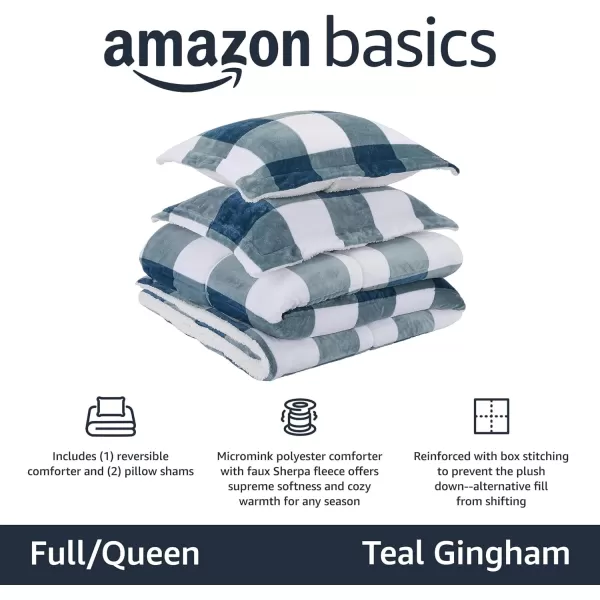 Amazon Basics UltraSoft Micromink Sherpa Comforter 3Piece Bedding Set FullQueen CharcoalTeal Gingham FullQueen