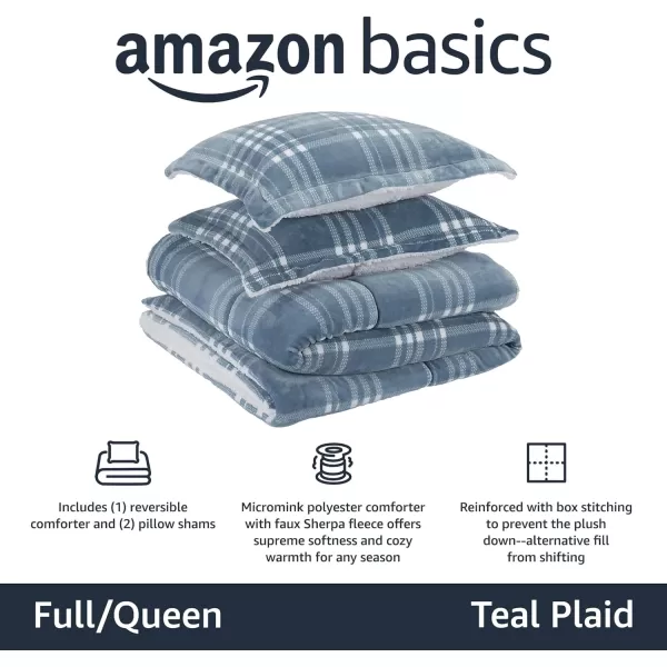 Amazon Basics UltraSoft Micromink Sherpa Comforter 3Piece Bedding Set FullQueen CharcoalTeal Plaid FullQueen