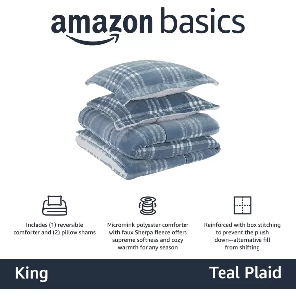 Amazon Basics UltraSoft Micromink Sherpa Comforter 3Piece Bedding Set FullQueen CharcoalTeal Plaid King