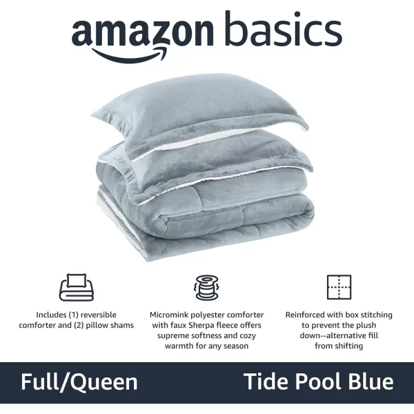 Amazon Basics UltraSoft Micromink Sherpa Comforter 3Piece Bedding Set FullQueen CharcoalTide Pool Blue FullQueen