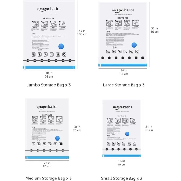 Amazon Basics Vacuum Compression Storage Bags with Hand Pump Multiple Pack of 12 3 Jumbo 3 Large 3 Medium 3 Small ClearMultiple 12Pack
