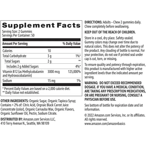 Amazon Basics Vitamin B12 3000 mcg Gummies Normal Energy Production and Metabolism Immune System Support Raspberry 200 Count 2 Packs of 100 2 per serving100 Count Pack of 2