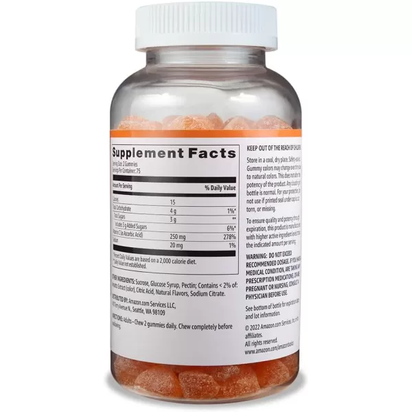 Amazon Basics Vitamin C 250 mg Gummy Orange 150 Gummies 2 per Serving Immune Health Previously Solimo150 Count Pack of 1