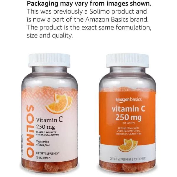 Amazon Basics Vitamin C 250 mg Gummy Orange 150 Gummies 2 per Serving Immune Health Previously Solimo150 Count Pack of 1