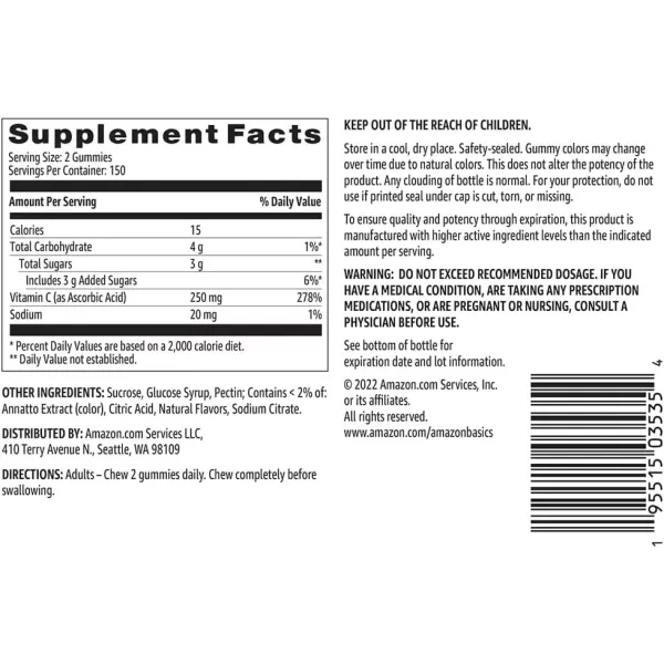 Amazon Basics Vitamin C 250 mg Gummy Orange 150 Gummies 2 per Serving Immune Health Previously Solimo150 Count Pack of 2