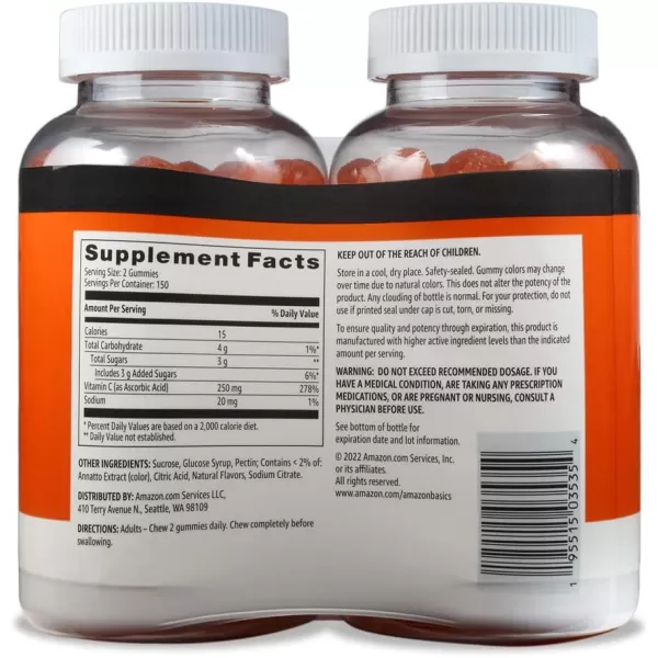 Amazon Basics Vitamin C 250 mg Gummy Orange 150 Gummies 2 per Serving Immune Health Previously Solimo150 Count Pack of 2