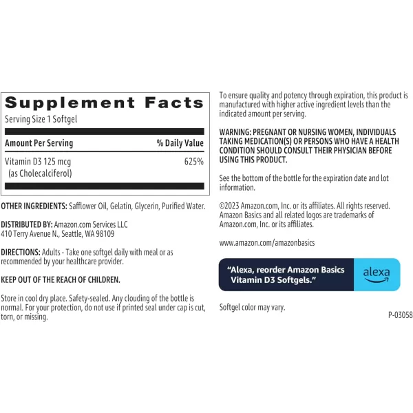 Amazon Basics Vitamin D3 125 mcg 60 Softgels 1 per serving Gluten FreeAmazon Basics Vitamin D3 125 mcg 60 Softgels 1 per serving Gluten Free