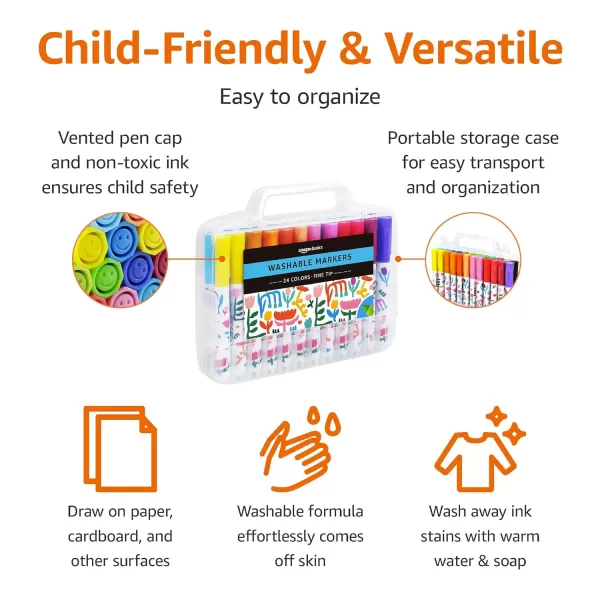 Amazon Basics Washable Round Tip Assorted School Marker Pens Pack of 24 ColorsFine Tip