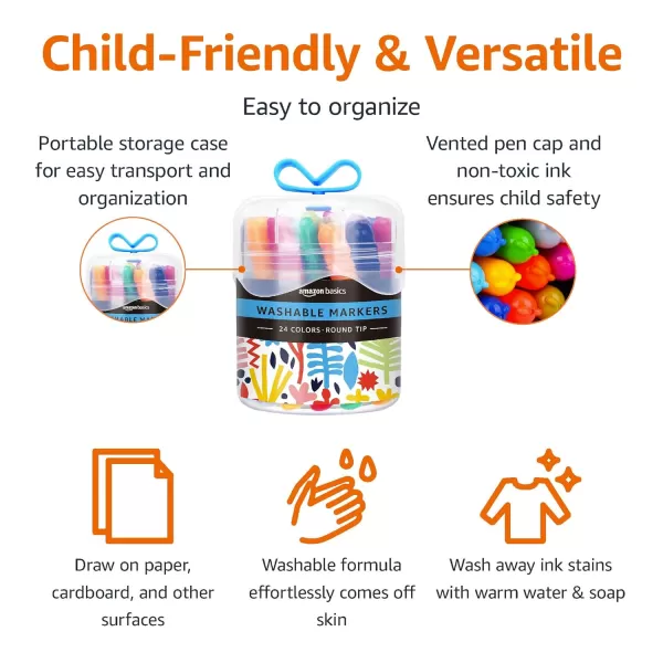 Amazon Basics Washable Round Tip Assorted School Marker Pens Pack of 24 ColorsRound Tip