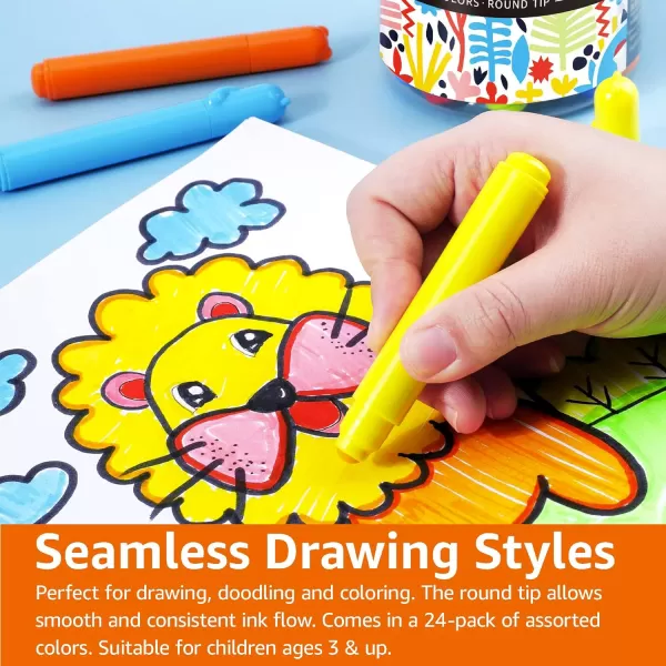 Amazon Basics Washable Round Tip Assorted School Marker Pens Pack of 24 ColorsRound Tip