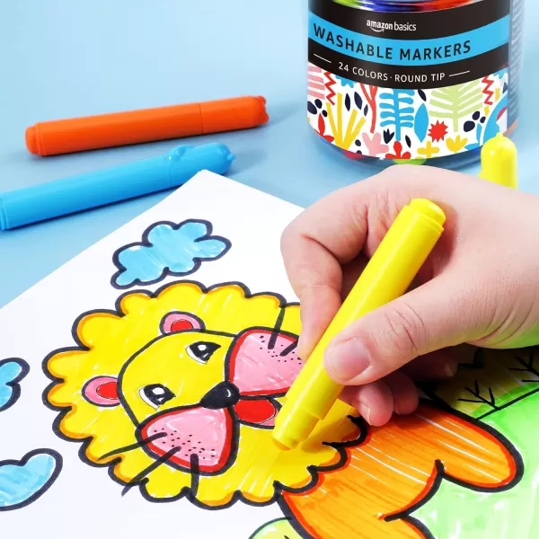 Amazon Basics Washable Round Tip Assorted School Marker Pens Pack of 24 ColorsRound Tip