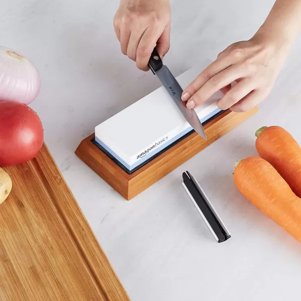 Amazon Basics Whetstone Knife Sharpening Wet Stone Dual Sided 10006000 Grit with NonSlip 1 Pc Bamboo Base Black amp GreyGrit 10006000 1 Pc