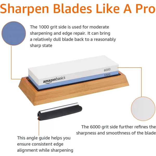 Amazon Basics Whetstone Knife Sharpening Wet Stone Dual Sided 10006000 Grit with NonSlip 1 Pc Bamboo Base Black amp GreyGrit 10006000 1 Pc
