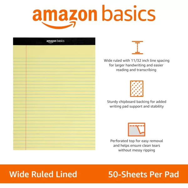 Amazon Basics Wide Ruled Lined Writing Note Pad 85 inch x 1175 inch White 12 Count  12 Pack of 50 Canary 85Inch by 1175Inch
