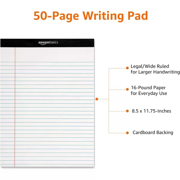 Amazon Basics Wide Ruled Lined Writing Note Pad 85 inch x 1175 inch White 12 Count  12 Pack of 50 White 85Inch by 1175Inch