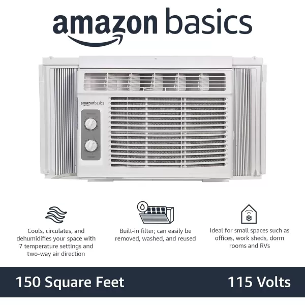 Amazon Basics Window Mounted Air Conditioner with Mechanical Control Cools 150 Square Feet 5000 BTU AC Unit WhiteAmazon Basics Window Mounted Air Conditioner with Mechanical Control Cools 150 Square Feet 5000 BTU AC Unit White