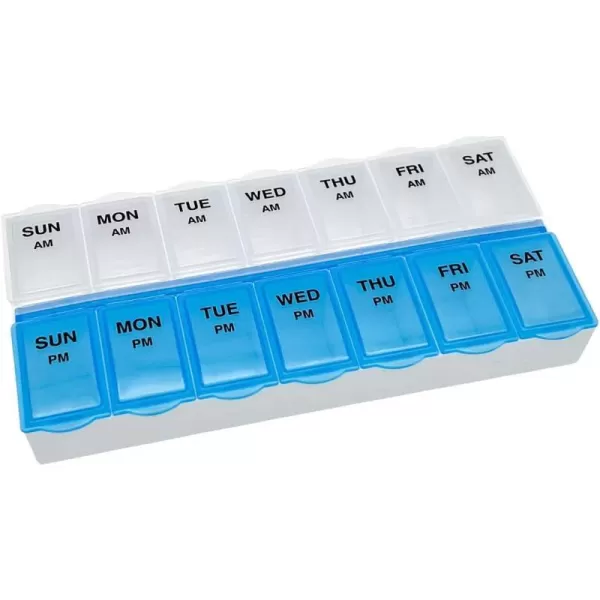 Amazon Basic Care 7Day AMPM Pill Organizer Vitamin Case And Medicine Box Large Compartments 2 Times a Day Black and Clear LidsBlue