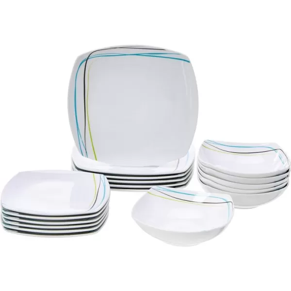 Amazon Basics  18 Piece Kitchen Dinnerware Set  Square Plates Bowls Service for 6  Modern BeamsGray Soft Lines