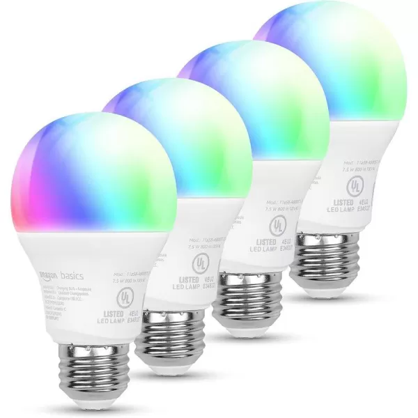 Amazon Basics  Smart A19 LED Light Bulb 24 GHz WiFi 75W Equivalent to 60W 800LM Works with Alexa Only 1Pack Certified for Humans MulticolorColor Changing 4 Pack